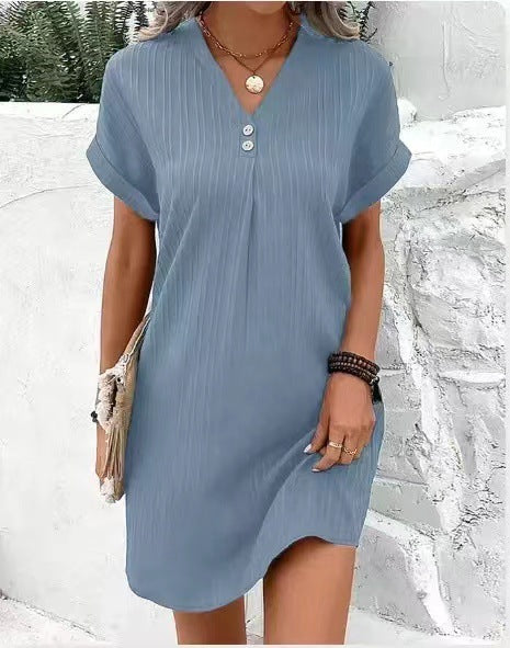 Fashion V-neck Short-sleeved Dress Casual Solid Strip Button Dresses Womens Clothing - kinko
