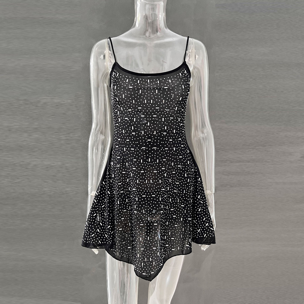 Trendy Rhinestone Sheer Party Dress - Women's Sexy Mini - kinko
