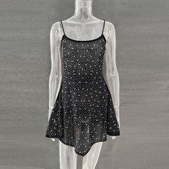 Trendy Rhinestone Sheer Party Dress - Women's Sexy Mini - kinko