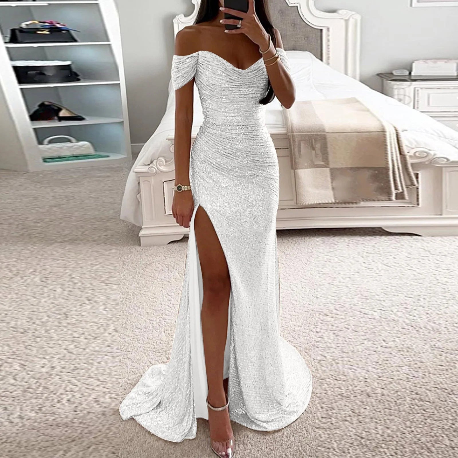 Female Creative Solid Color Sparkling Slit Dress - kinko