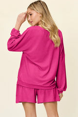 Double Take Full Size Texture V-Neck Long Sleeve T-Shirt and Shorts Set - kinko