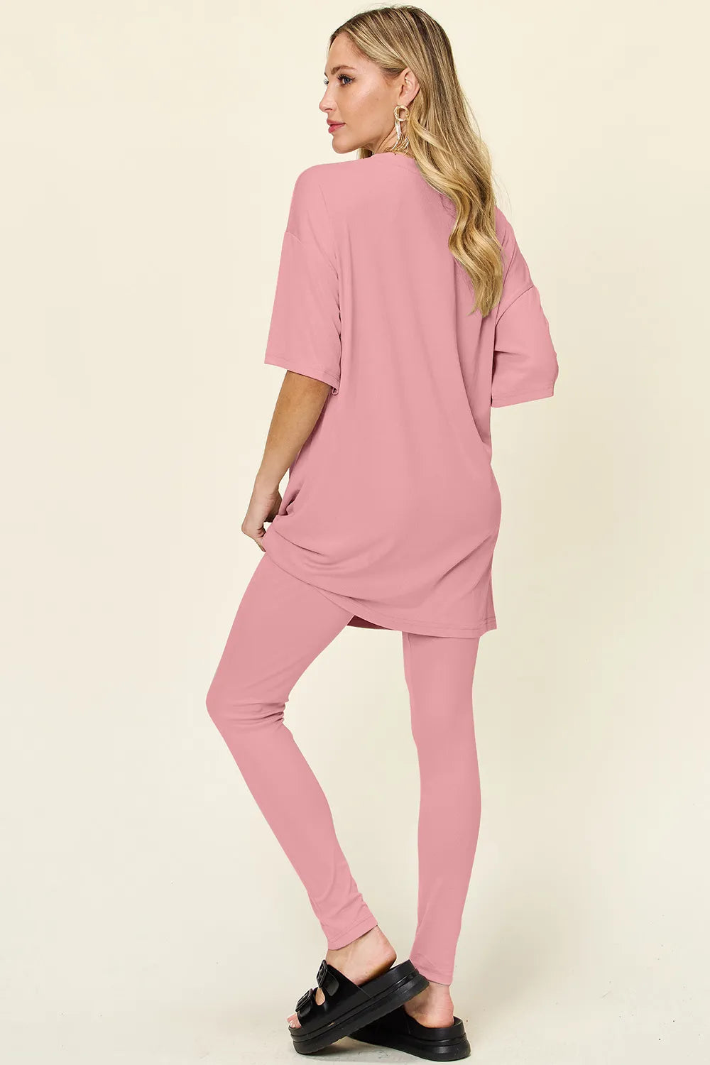 Double Take Full Size Round Neck Dropped Shoulder T-Shirt and Leggings Set - kinko