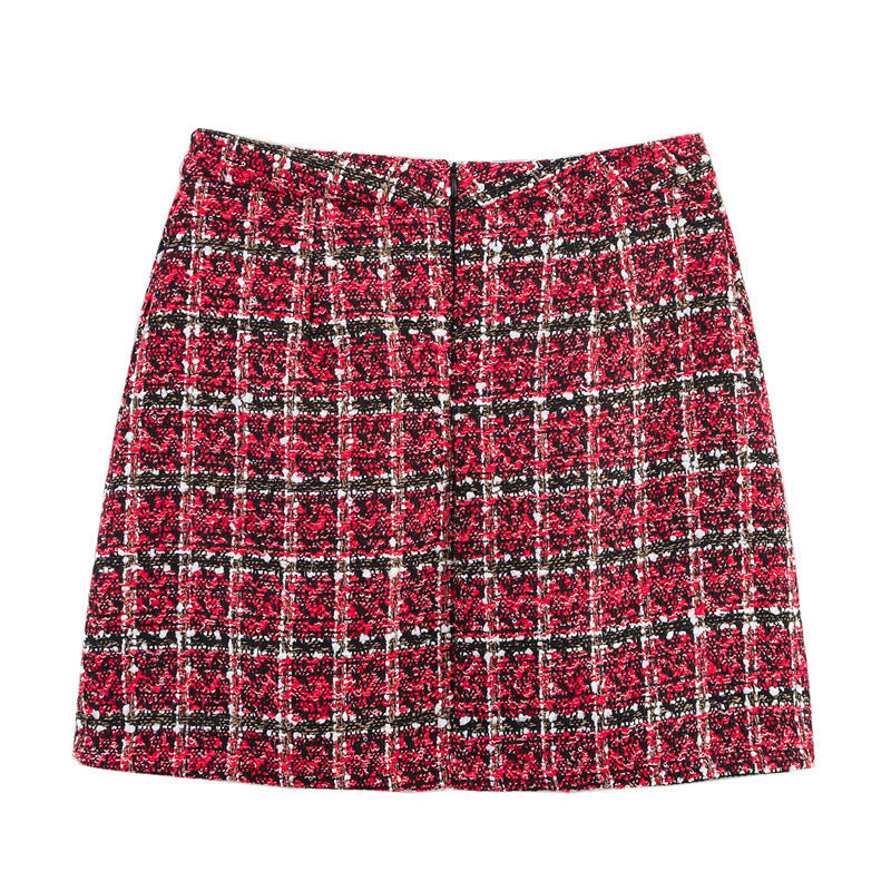 Women's Versatile Pearl Button Coarse Floral Plaid Half Skirt - kinko