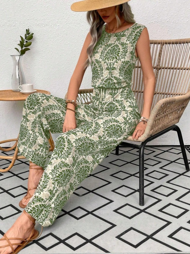 Printed Waist Cinching Casual Straight Leg Pants Set - kinko