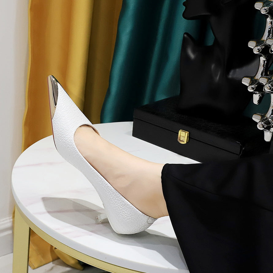 Retro High Heels Stiletto Heel Cocktail Women Shoes Snake Pattern Patent Leather Low Cut Metal Pointed High Heel Pumps - kinko Global Holdings inc