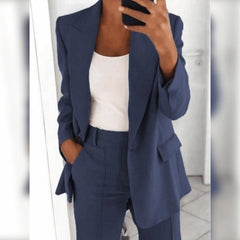 Ins Button Casual Suit Fashion Long-sleeved Lapel Blazer Jacket And Slim-fit Pocket Trousers For Women Clothing - kinko