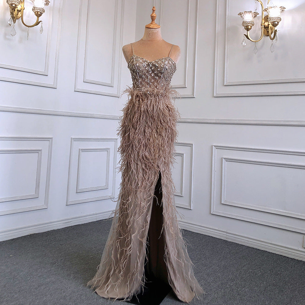 Suspender Feather Slim-fit Host Annual Party Banquet Engagement Dress - kinko