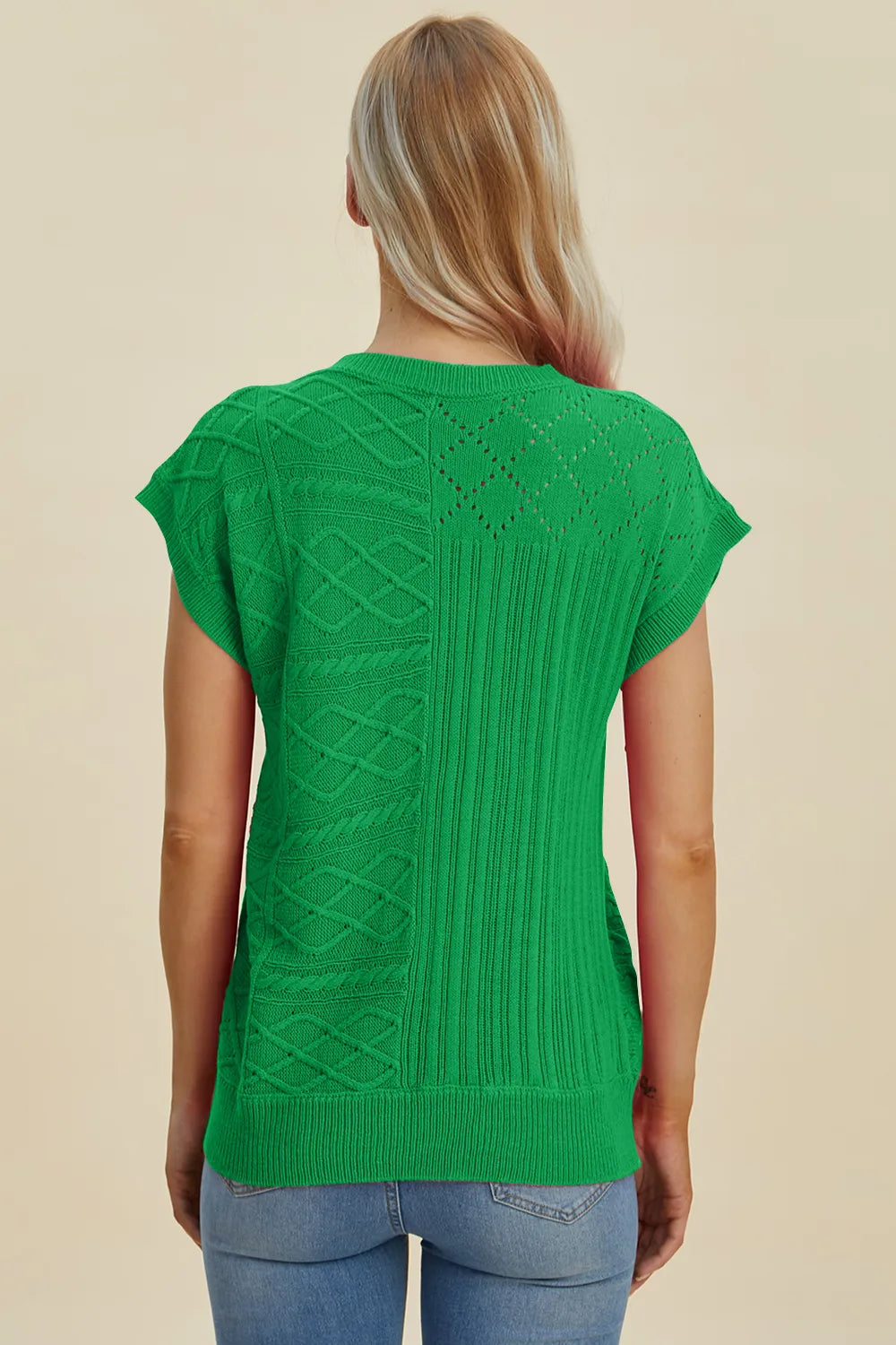 Double Take Full Size Cable-Knit Round Neck Cap Sleeve Sweater - kinko