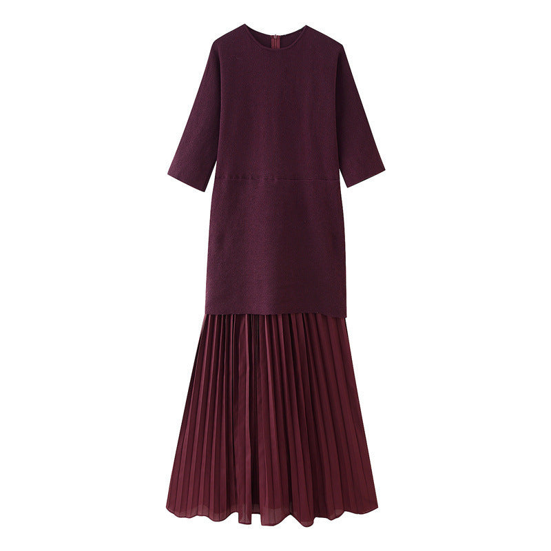Fashionable Elegant Brown Patchwork Pleated Dress - kinko
