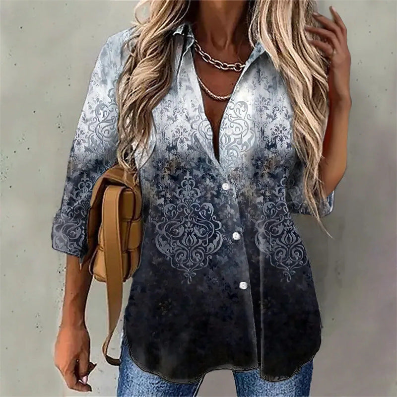 Tie-dyed Printed Button Long-sleeved Shirt - kinko