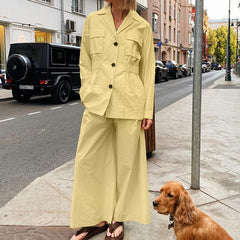 Lapel Long Sleeve Waist-controlled Top Wide Leg Pants Two-piece Set - kinko