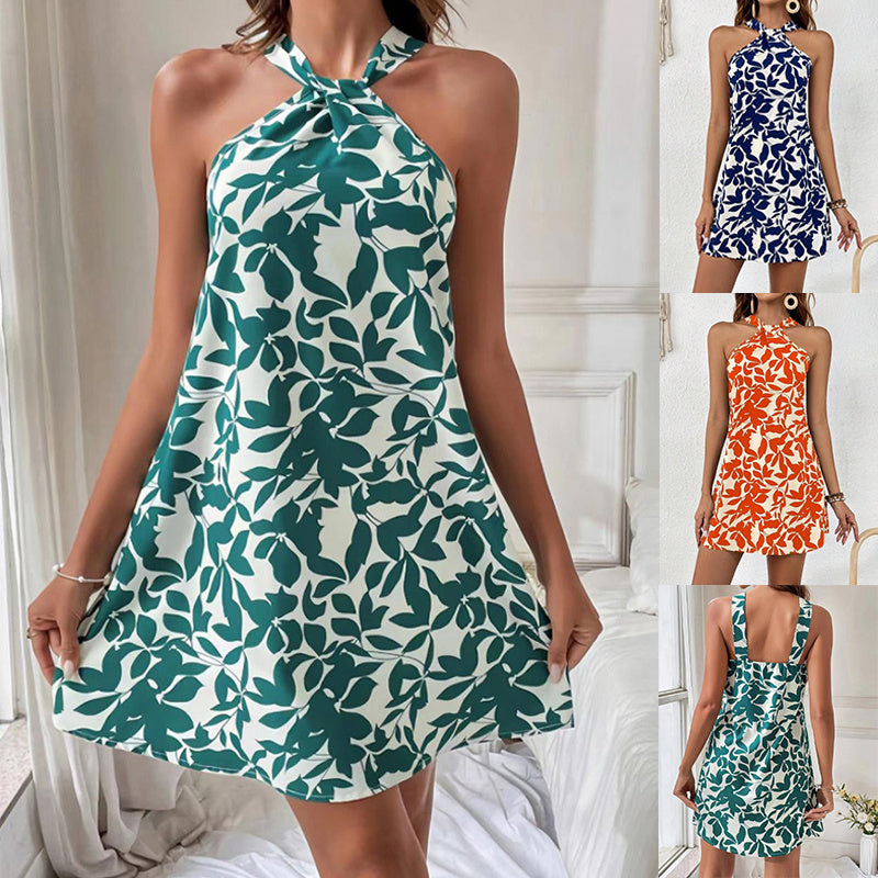 Fashion Leaf Print Halterneck Dress Summer Sexy Backless Short Dresses For Beach Vacation Womens Clothing - kinko