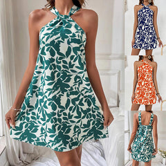 Fashion Leaf Print Halterneck Dress Summer Sexy Backless Short Dresses For Beach Vacation Womens Clothing - kinko
