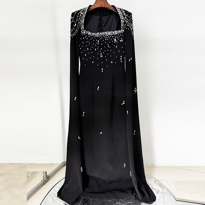 Beaded Lanyard Shawl Sleeve And Floor Long Dress - kinko