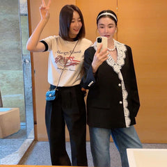 Pearl Button Lace Lace Lapel Blazer Women - kinko