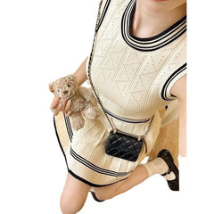 Classic Style Knitted Long Sleeve Cardigan Coat Inner Vest Women's Autumn Skirt Three-piece Set - kinko