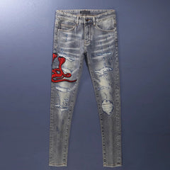 Worn Looking Washed-out Hole Patch Trendy Brand Embroidered Slim Fit Jeans - kinko