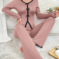 Long Sleeve Trousers Casual Homewear Lace Cardigan Suit - kinko