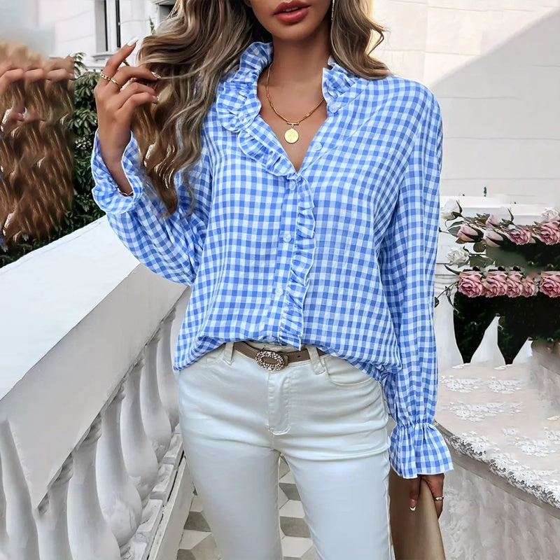 Women's French Style Checkered Button-Up Shirt - Elegant Plaid Pattern, Stand Collar With Ruffled Cuffs, Comfortable Wear - kinko