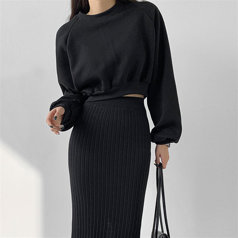 Round Neck Waist Trimming High Waist Short Sweatshirt - kinko