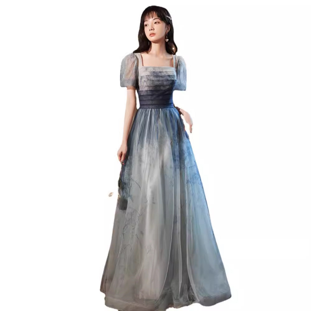 Gradient Blue Evening Elegant Socialite Ceremony Performance Banquet Dress - kinko