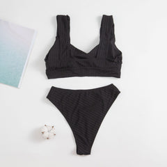Sexy Solid Color Vest Wide Shoulder Strap High Waist Bikini