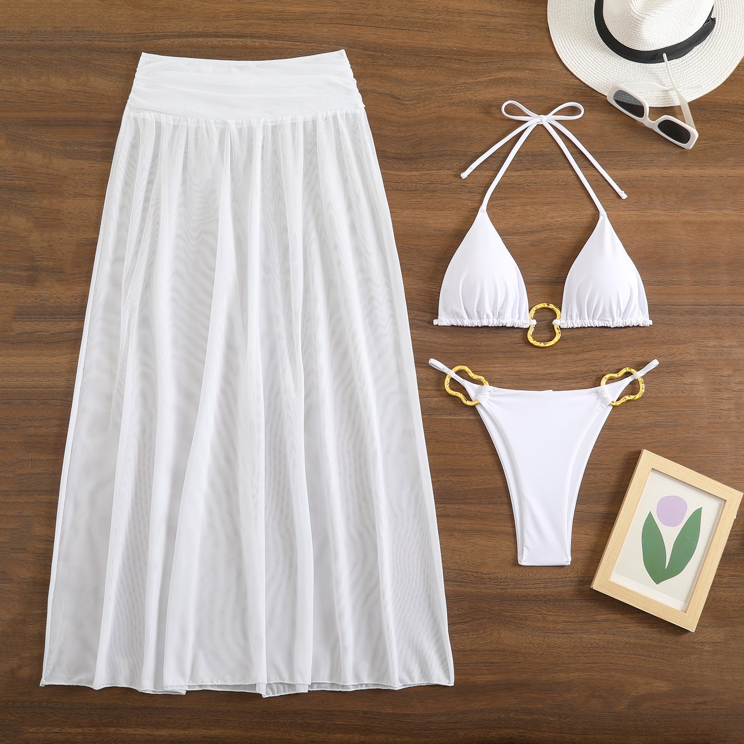 Solid Color Mesh Long Skirt Sexy Swimsuit Women Bikini Three Piece Swimsuit - kinko Global Holdings inc