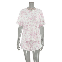 Autumn Casual Home Wear round Neck Short Sleeve Ruffled Shorts Two Piece Knitted Printed Pajamas for Women