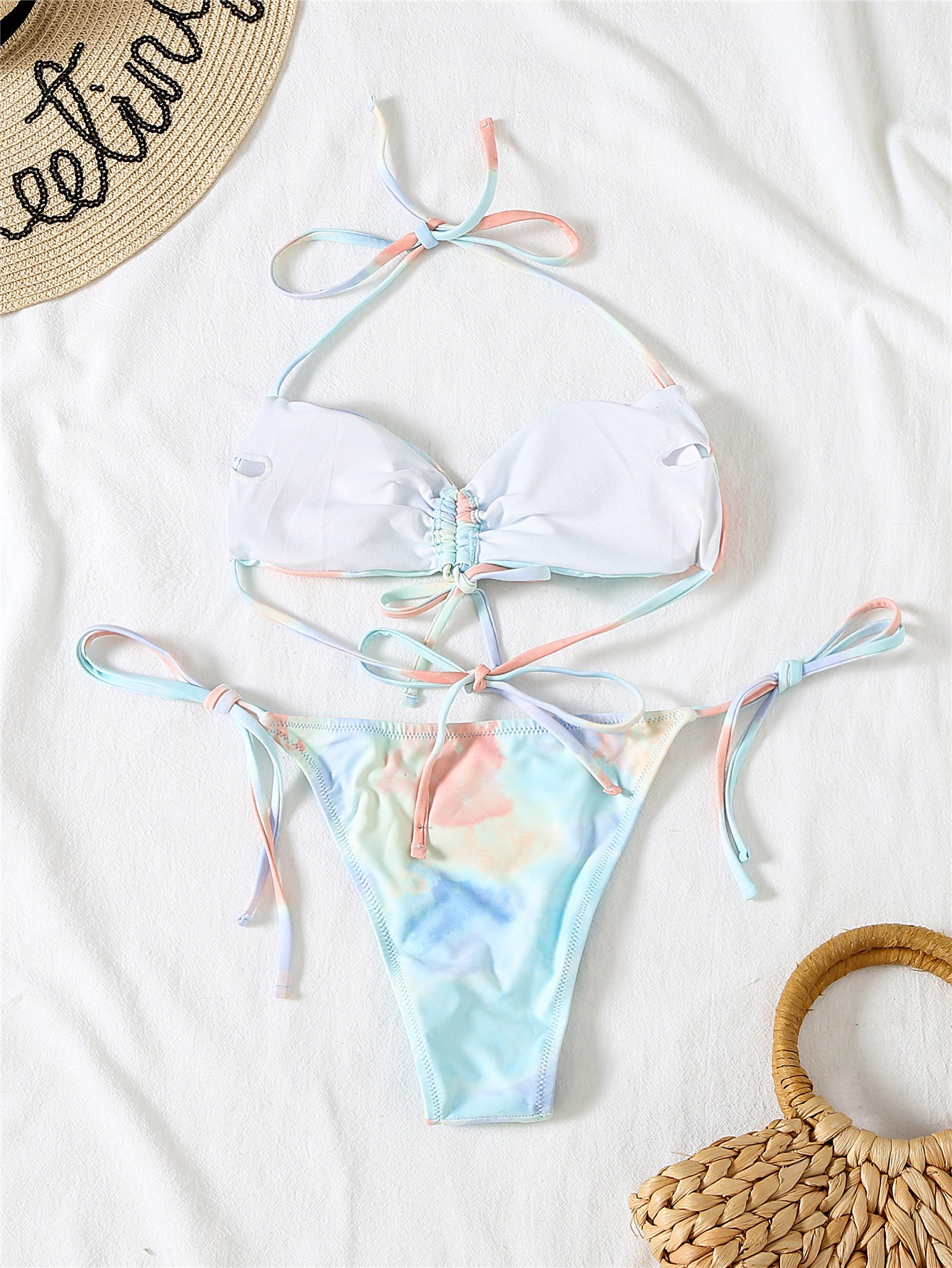 Women Split Swimsuit Lace up Sexy Halter Tie Dye Bikini - kinko Global Holdings inc