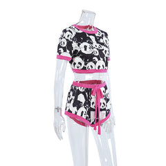 Summer Cool Cute Panda Print Stitching Short Sleeved Shorts Two Piece Women Home Wear