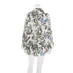 Spring Satin Printed Pajamas Two Piece Cardigan Long Sleeve Shorts Ladies Homewear