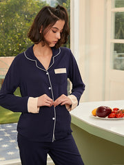 Pajamas Women Spring Autumn Simple Cardigan Long Sleeve Long Home Wear Set