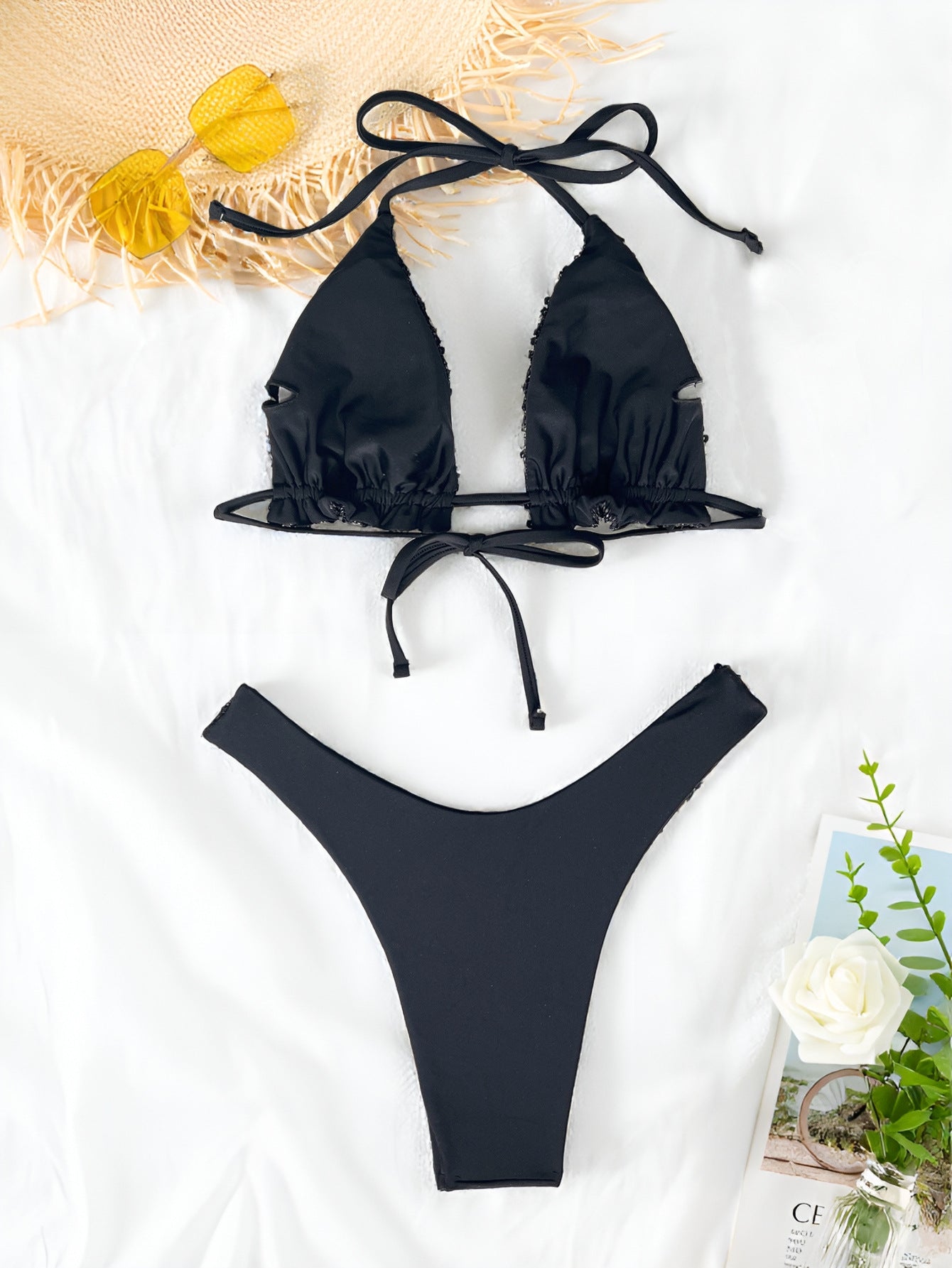 Bikini Double Bikini Solid Color Swimsuit Sexy Swimming Women Sequined Swimsuit Strap Bikini - kinko Global Holdings inc