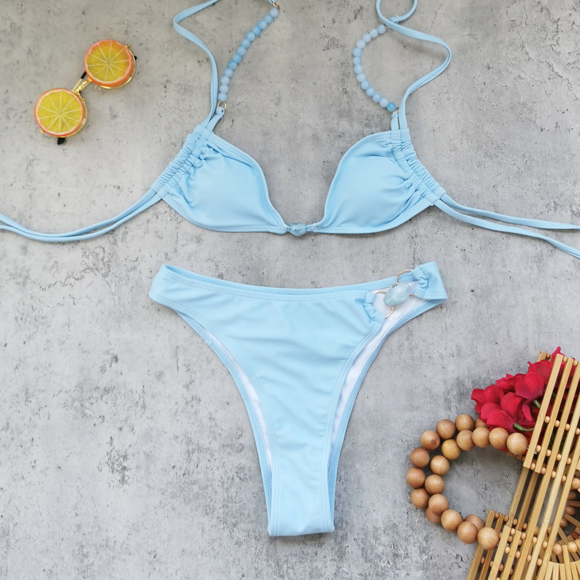 Three Point Strap Low Waist Pure Colored Fresh Bikini Backless Split Swimsuit Women - kinko Global Holdings inc