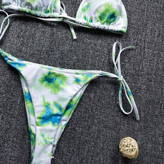 Color Blooming Printed Bikini Sexy Lace up Double Sided Fabric Women Swimsuit Bikini
