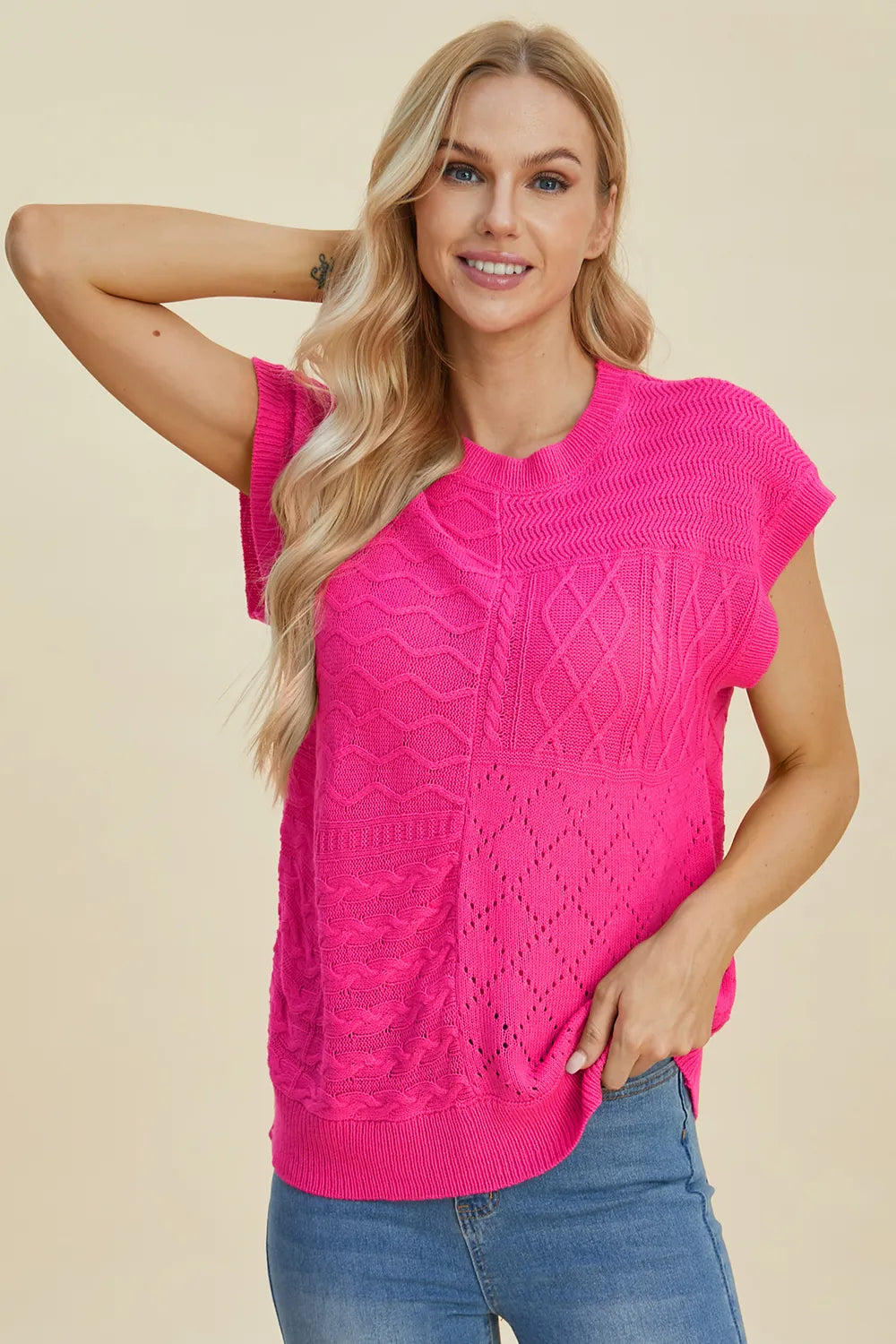 Double Take Full Size Cable-Knit Round Neck Cap Sleeve Sweater - kinko
