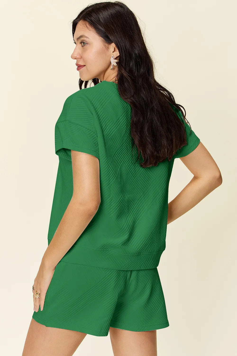 Double Take Full Size Texture Short Sleeve T-Shirt and Drawstring Shorts Set - kinko