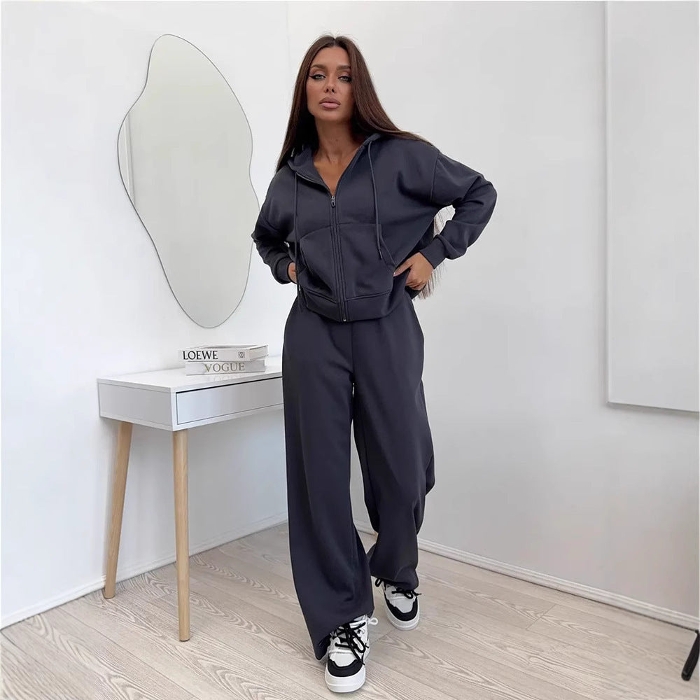 European And American Solid Color Long Sleeve Zipper Cardigan Hoodie Lace-up Trousers Two-piece Set - kinko