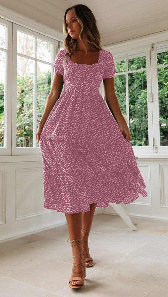 Square Collar Short Sleeve Dress Summer Puff Floral Printed Dress Long Dresses - kinko