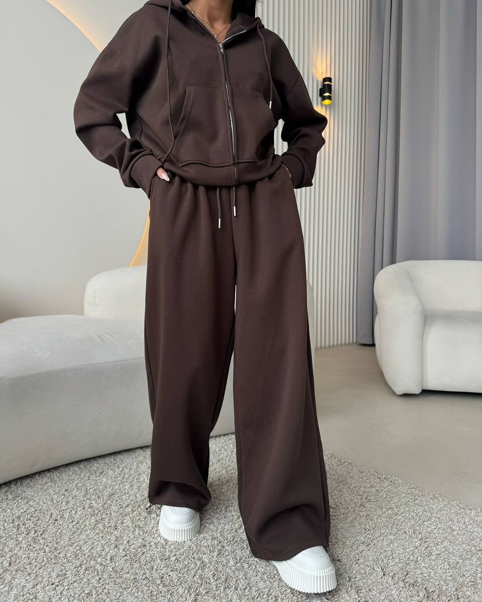 European And American Solid Color Long Sleeve Zipper Cardigan Hoodie Lace-up Trousers Two-piece Set - kinko