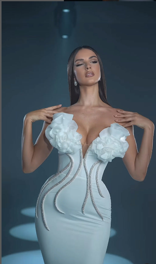 European And American Fashion New Style Temperament Socialite Flower Chain Strapless Long Type Evening Dress - kinko