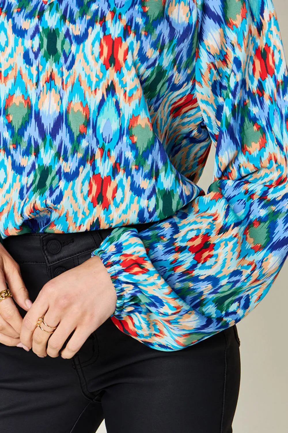 Double Take Full Size Printed Balloon Sleeve Blouse - kinko