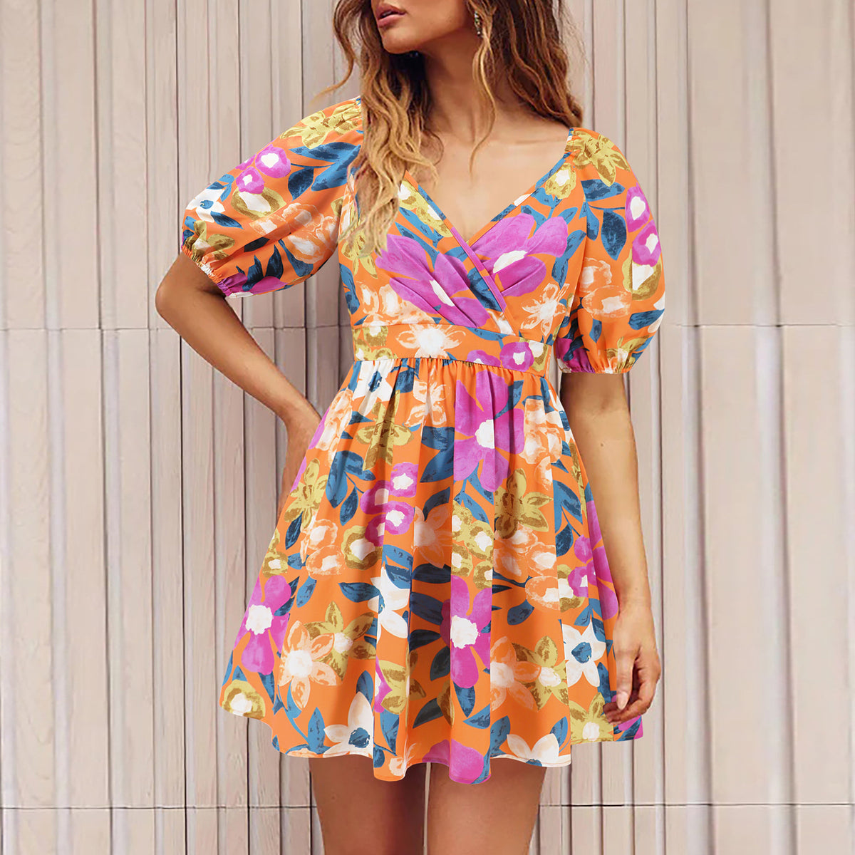 Flowers Print V-Neck Lantern-sleeve Dress Y2K Summer Vacation Beach Short Dresses Fashion Womens Clothing - kinko