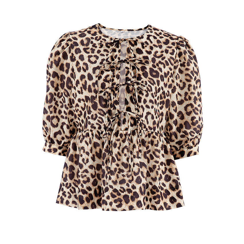 Women's Design Lace-up Bubble Sleeve Printed Blouse - kinko