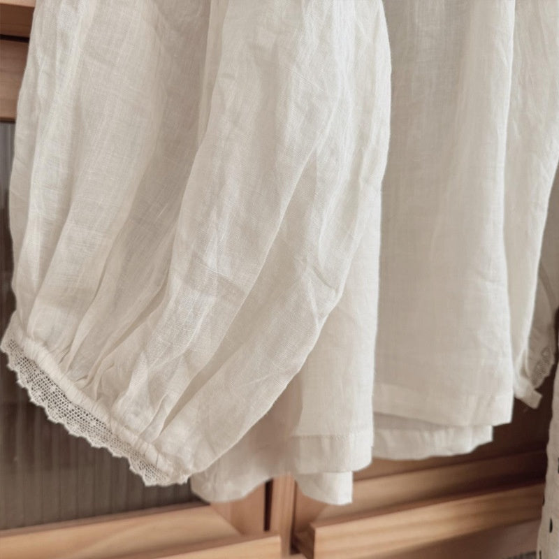 Women's Solid Color Ramie Round Neck Eight Quarter Sleeved Shirt - kinko