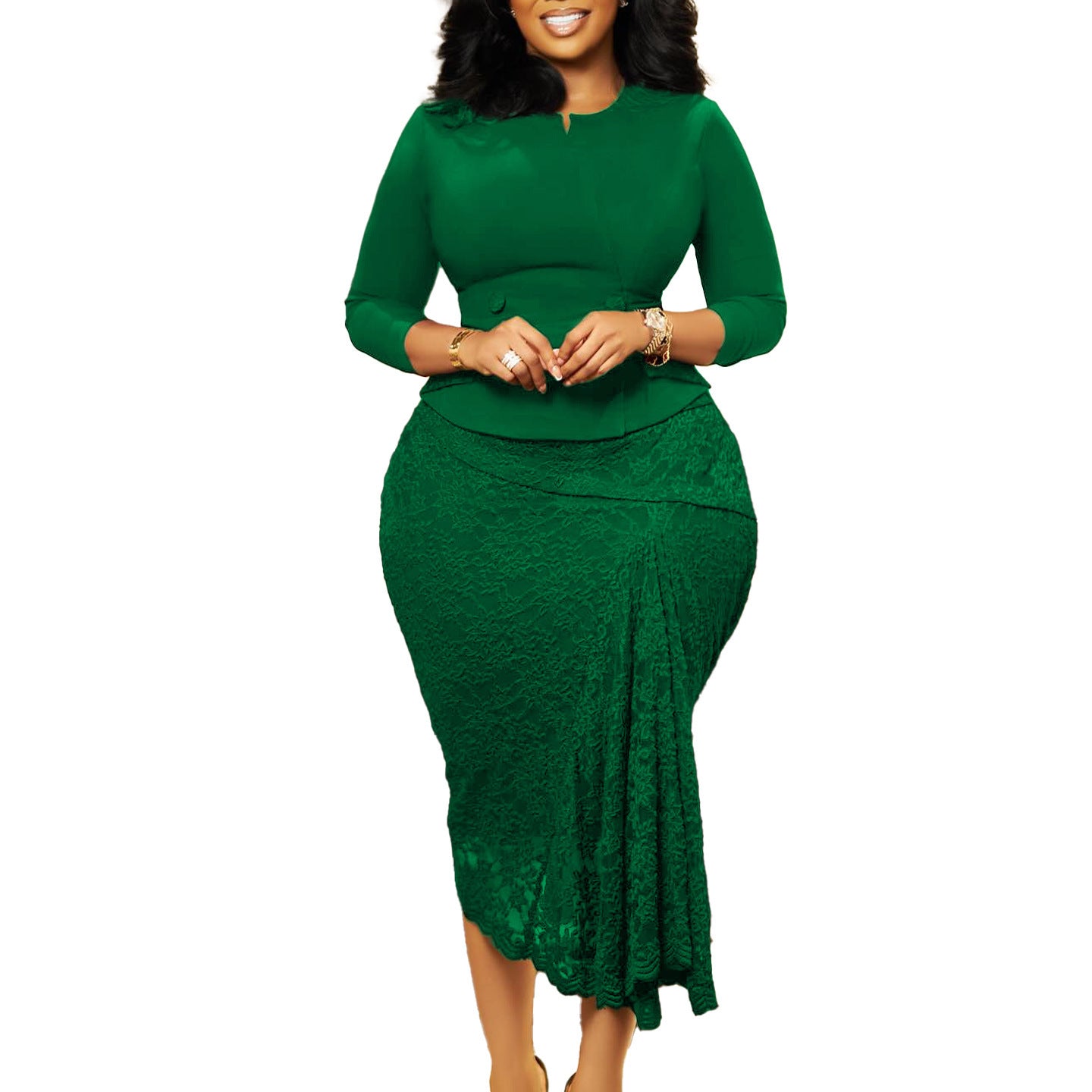 Long Sleeve Top Lace Package Hip Skirt Two-piece Set African Suit - kinko