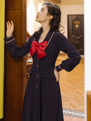 Fall Winter French Vintage Navy Long Sleeve Dress