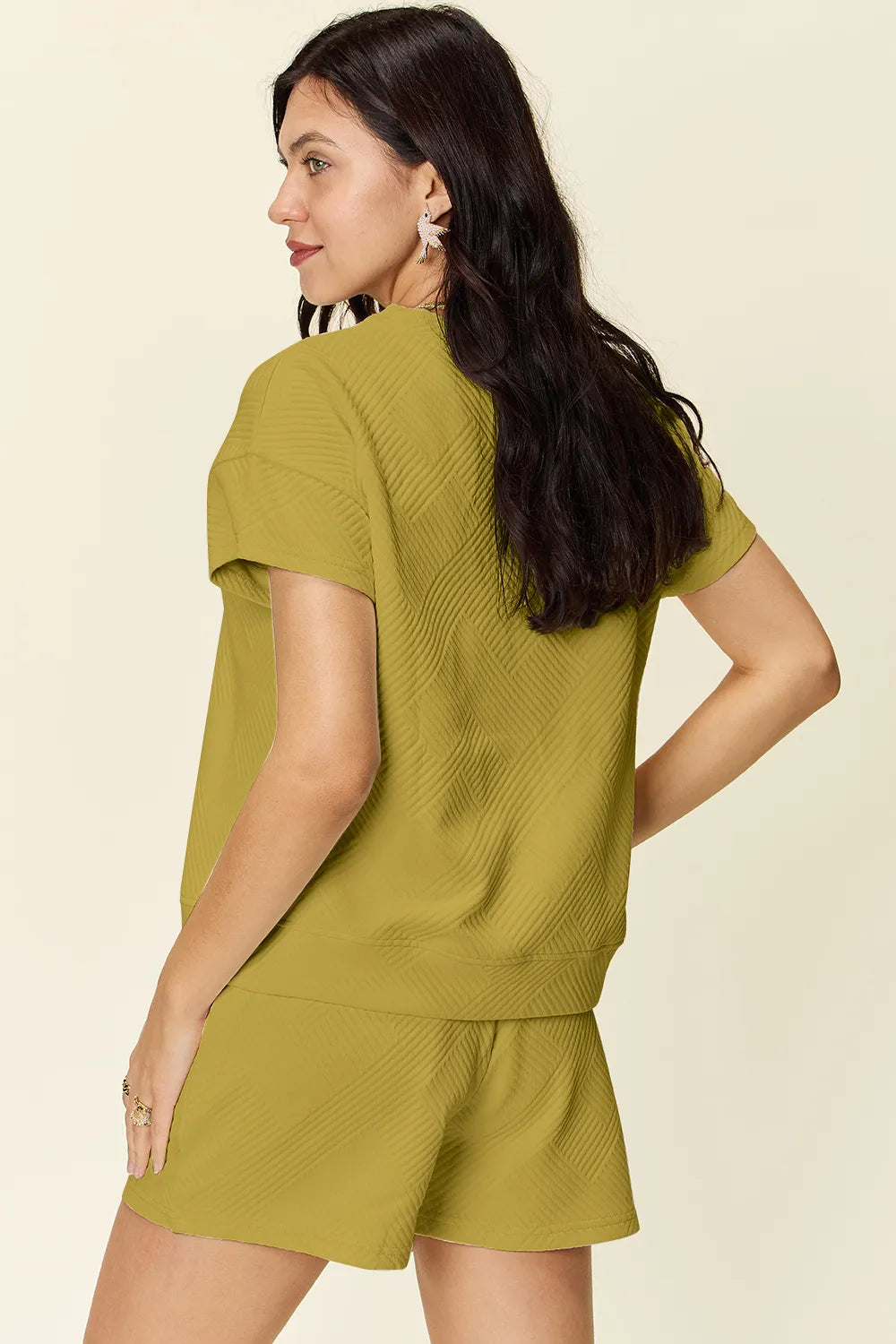 Double Take Full Size Texture Short Sleeve T-Shirt and Drawstring Shorts Set - kinko
