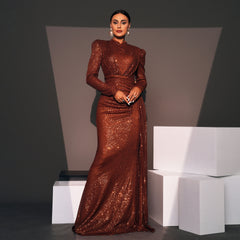 Long Sleeve Round Neck Sexy Slim Long Sequined Banquet Dress - kinko
