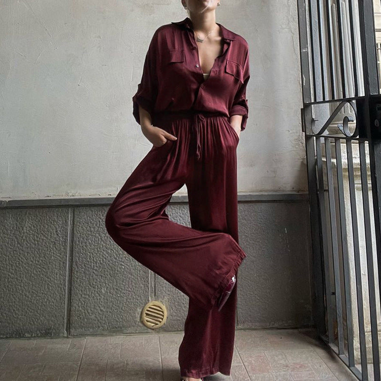 Lapel Long Sleeve Loose Shirt High Waist Trousers Two-piece Set - kinko